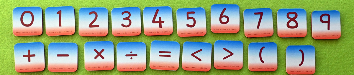 A typical set of Tavy Busy Cards showing the digits and some basic symbols
